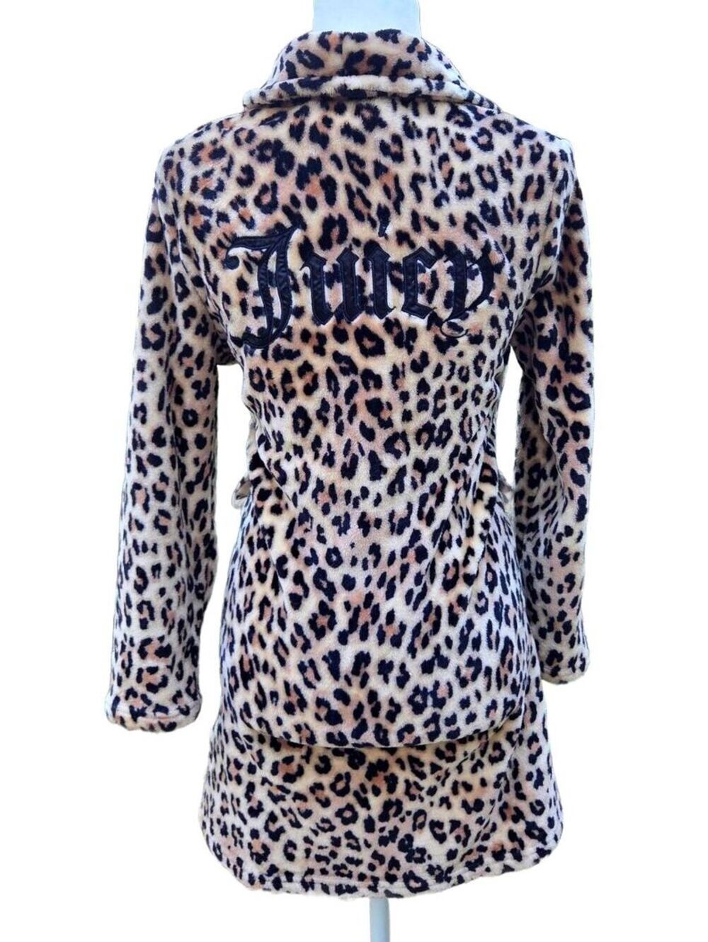 Y2K Vintage McBling Juicy Couture Leopard Print Faux Fur Hooded Robe Logo S/M